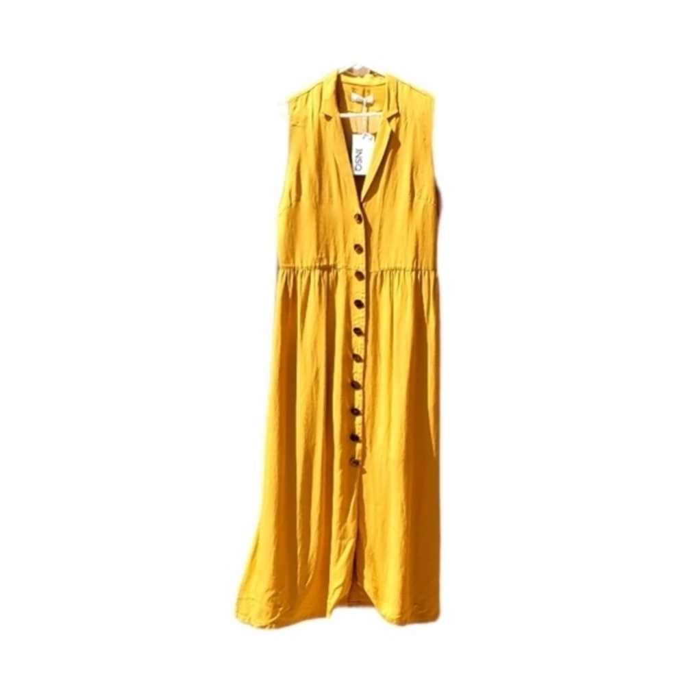 JNSQ Viscose Rayon Gold Button Up Collar Sleeveless‎ Summer Dress Size 10 NWT